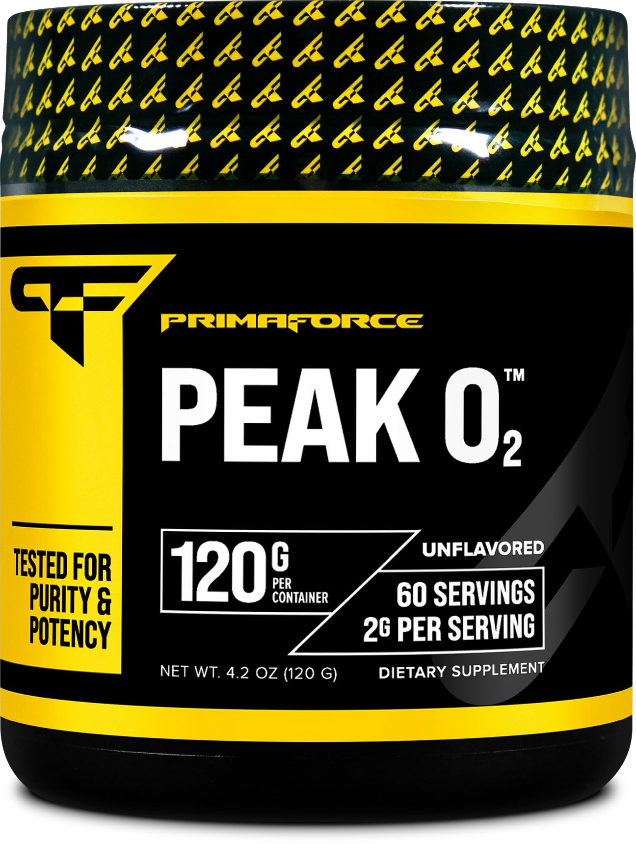 Primaforce Peak O2 bottle close-up showing vegan, gluten-free workout support.