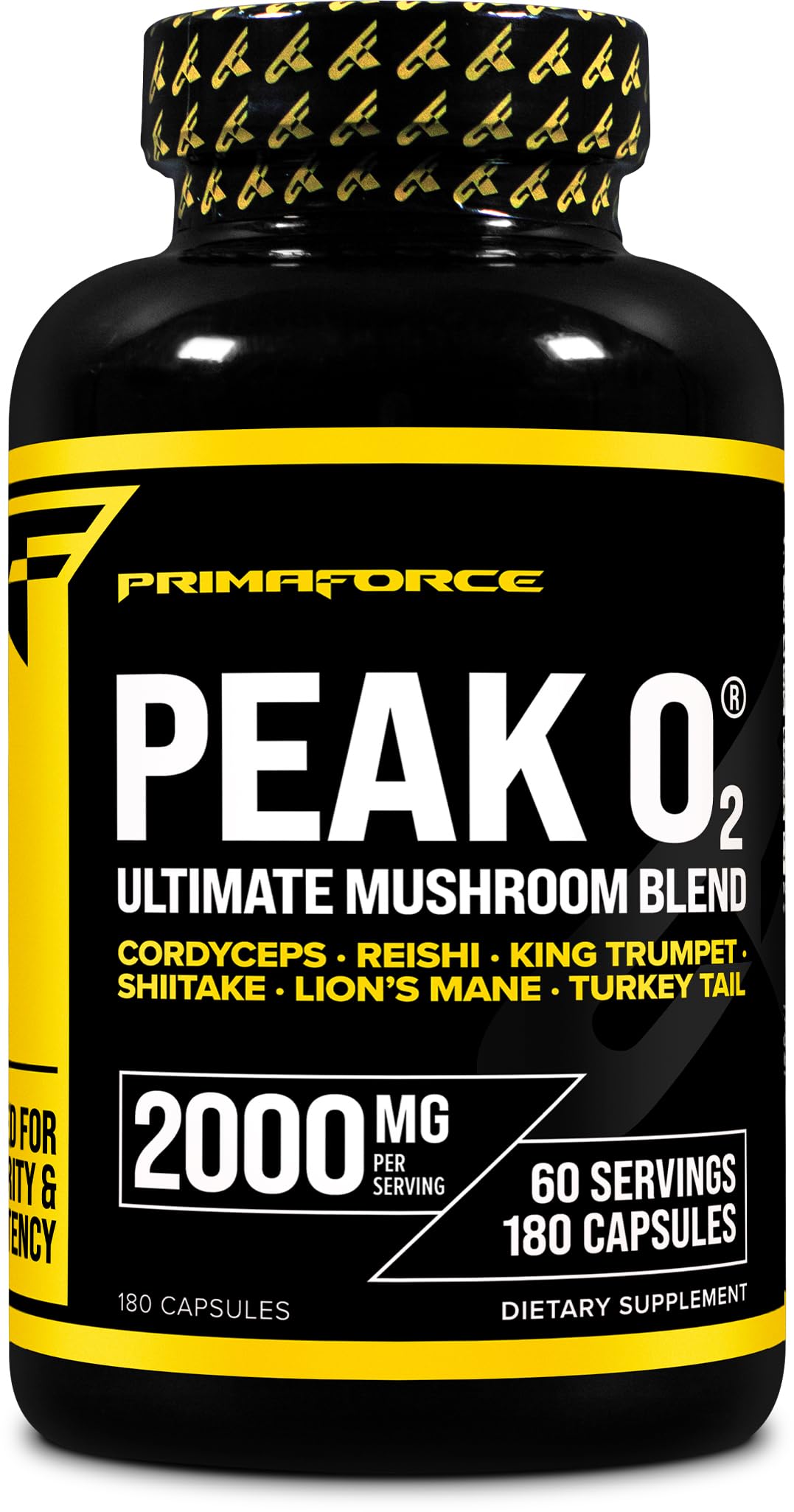 Primaforce Peak O2 bottle label highlights premium mushroom blend for endurance support.