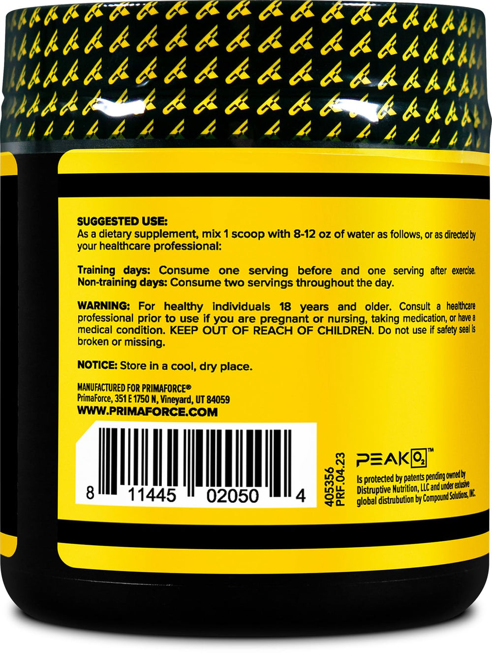 Primaforce Peak O2 label detail emphasizes potency and purity.