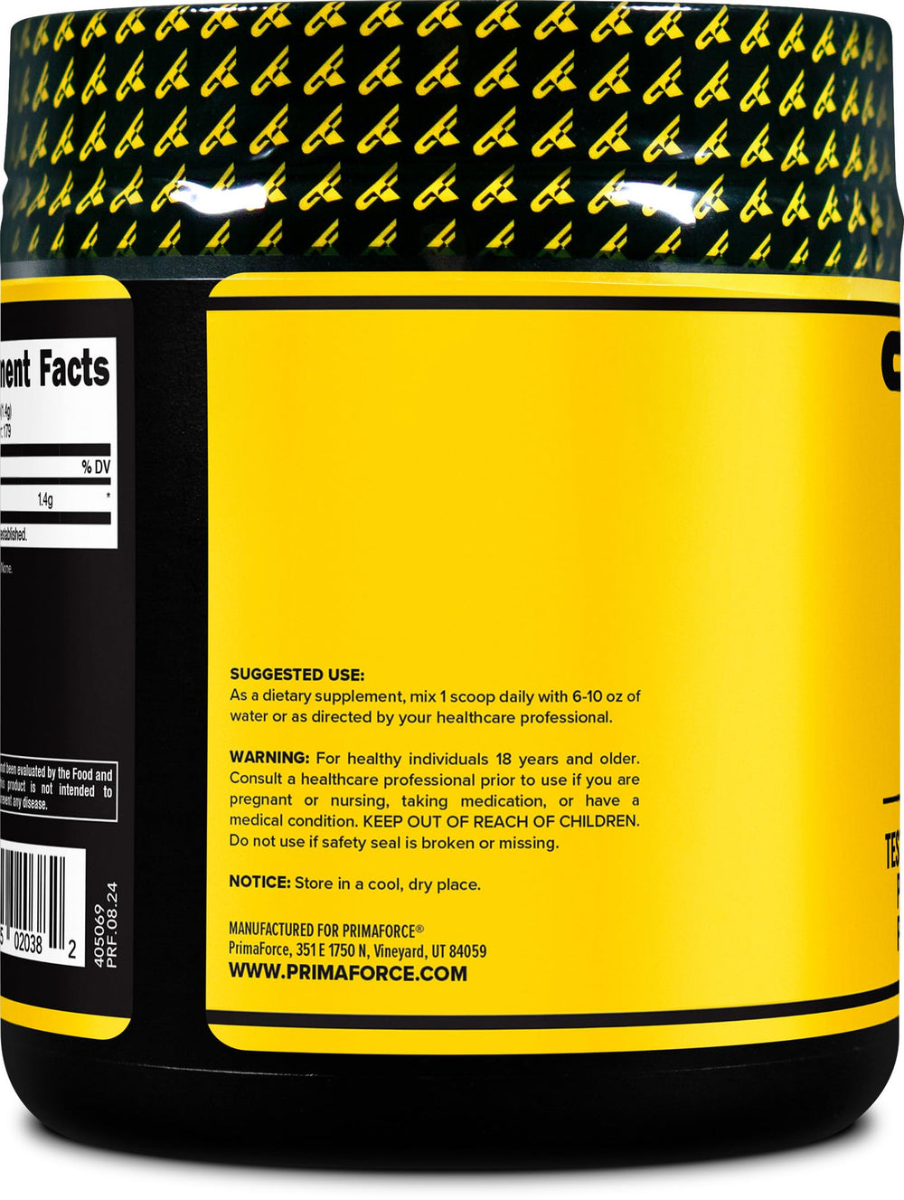 Primaforce taurine powder bottle side reveals non-GMO and gluten-free formulation.