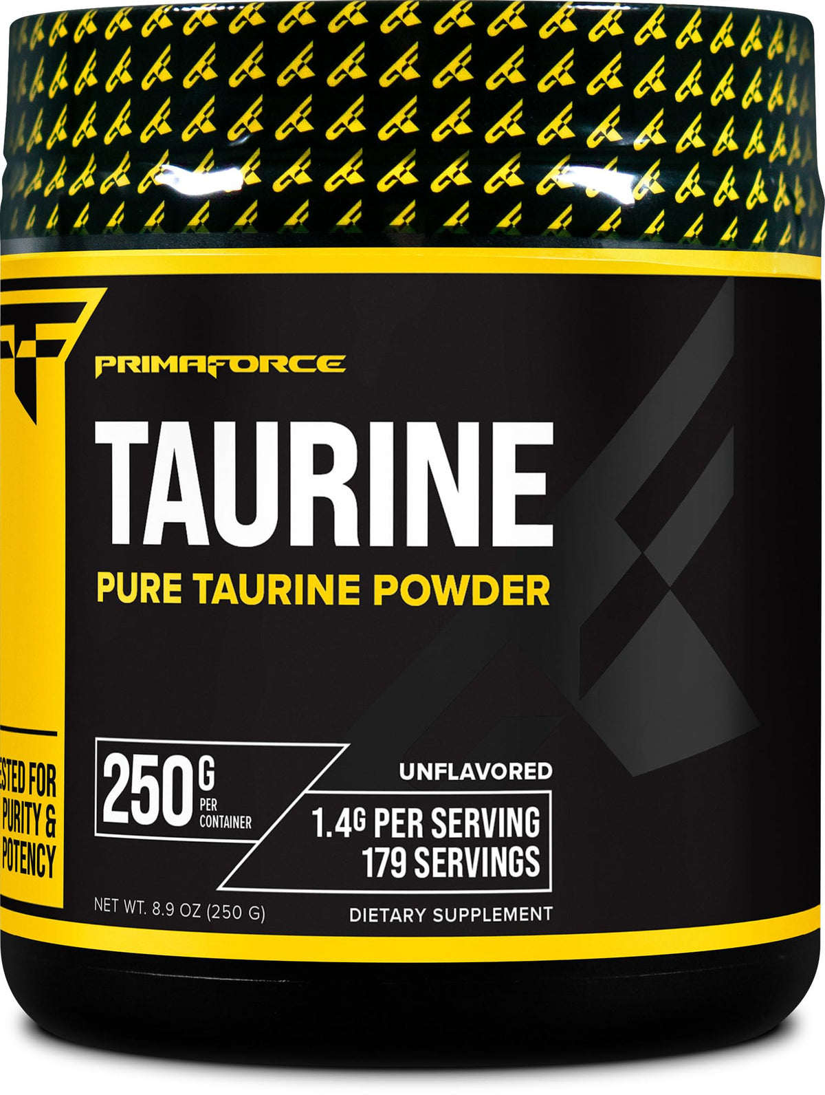 Primaforce taurine powder container front view, showcasing packaging and high-potency per serving.
