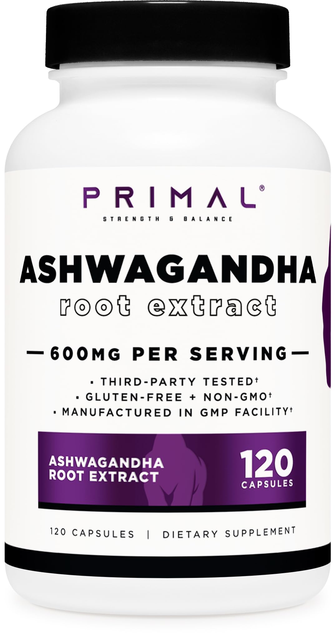 Primal Ashwagandha bottle showing 600mg per serving for daily balance.