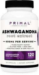 Primal Ashwagandha bottle showing 600mg per serving for daily balance.