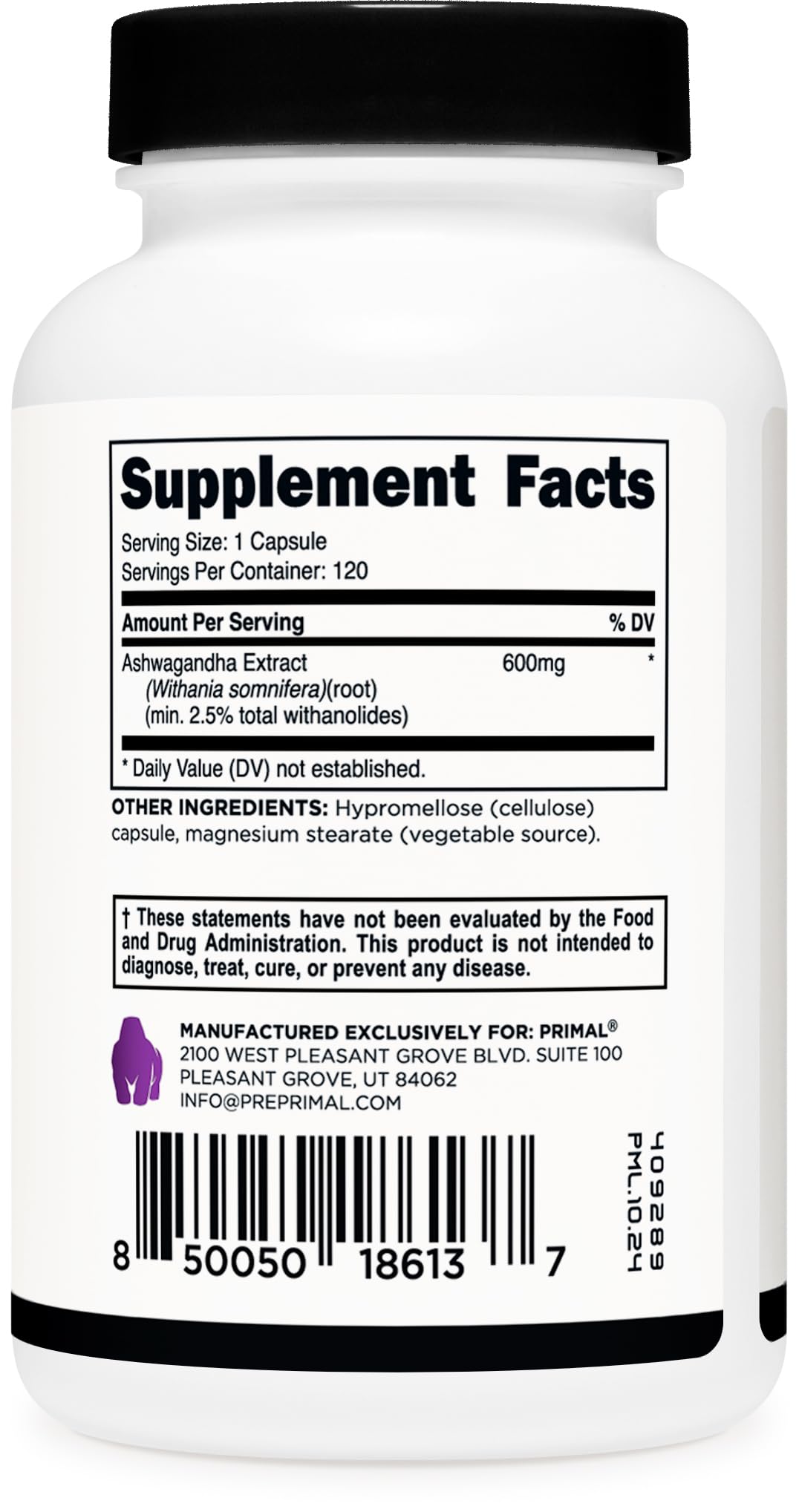 Primal Ashwagandha third-party testing seal indicating quality.