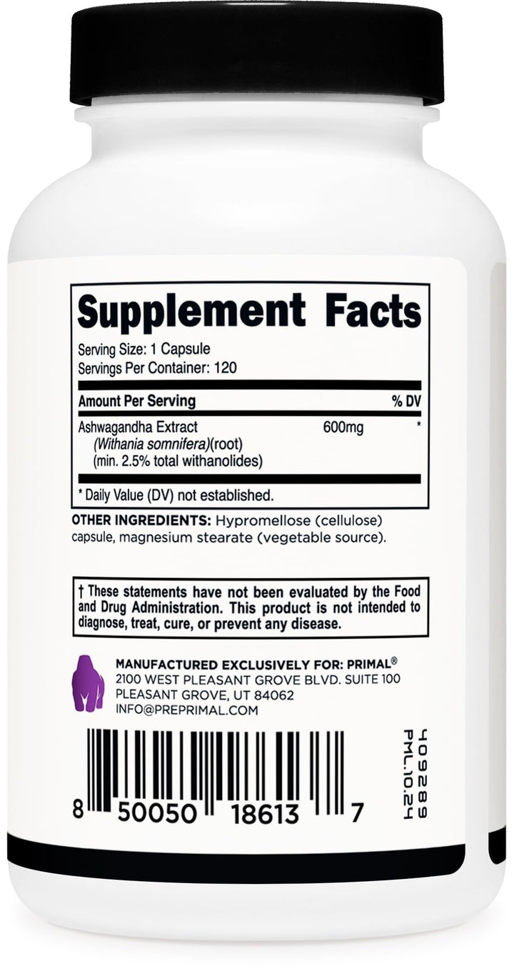 Primal Ashwagandha third-party testing seal indicating quality.