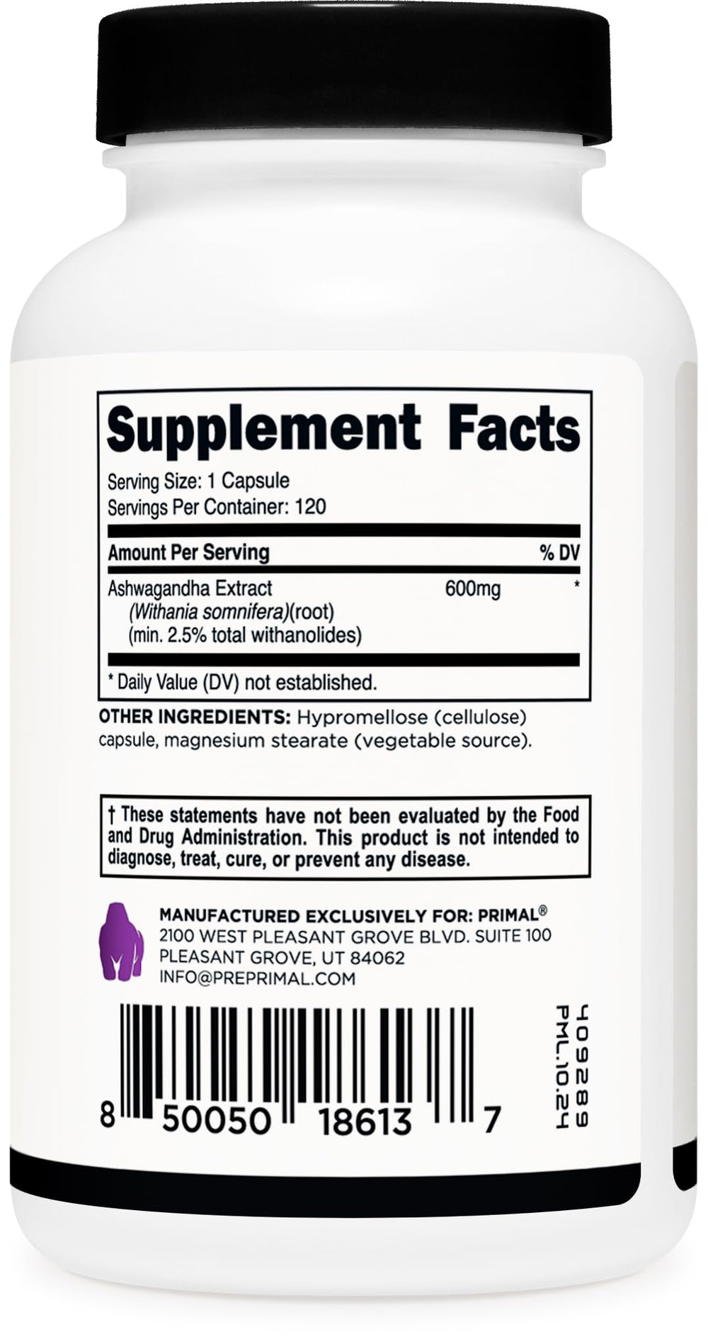 Primal Ashwagandha third-party testing seal indicating quality.