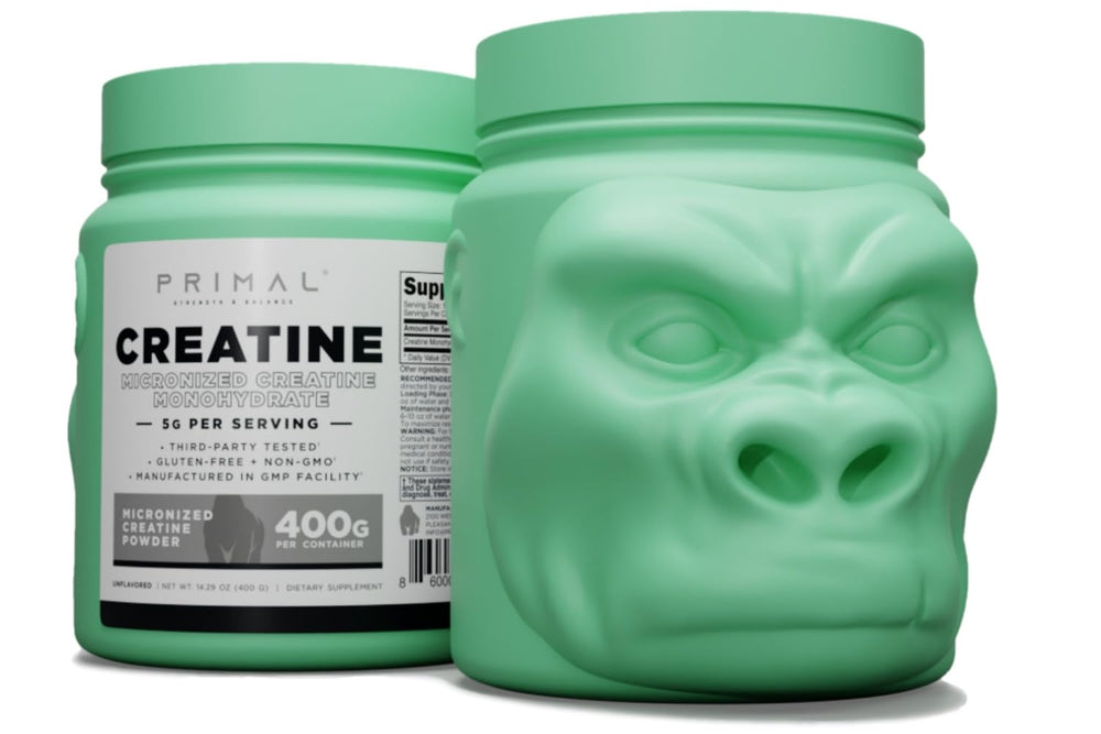 Primal Creatine Monohydrate bottle front with clear 400 g capacity for daily use.