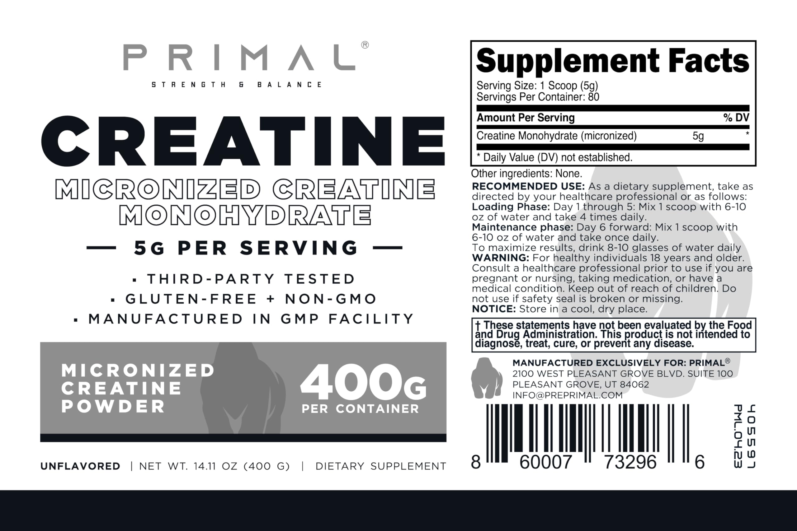 Primal Creatine Monohydrate 400 g jar with 80 servings for sustained use.