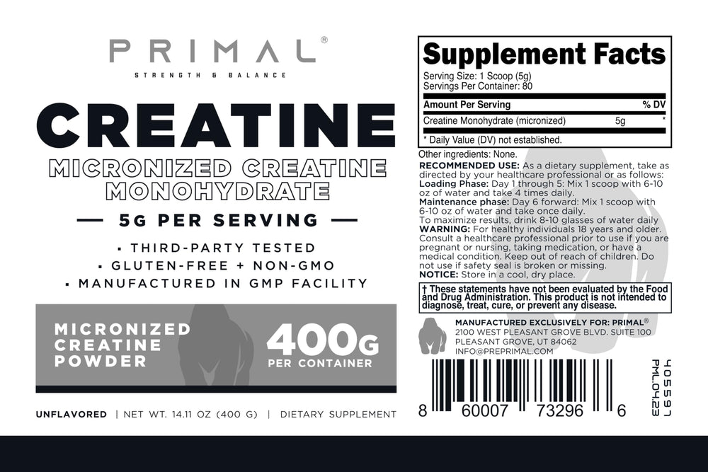 Primal Creatine Monohydrate 400 g jar with 80 servings for sustained use.