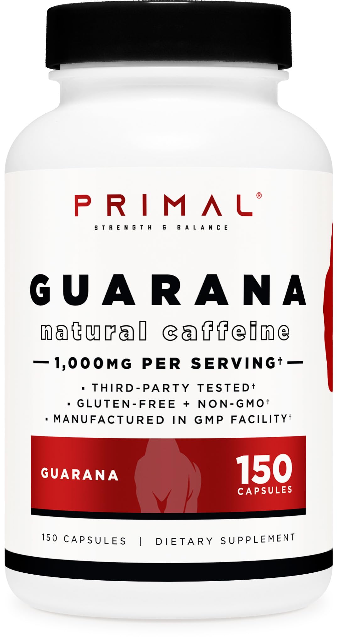 Primal Guarana bottle label with 1000 mg per serving for focused energy.