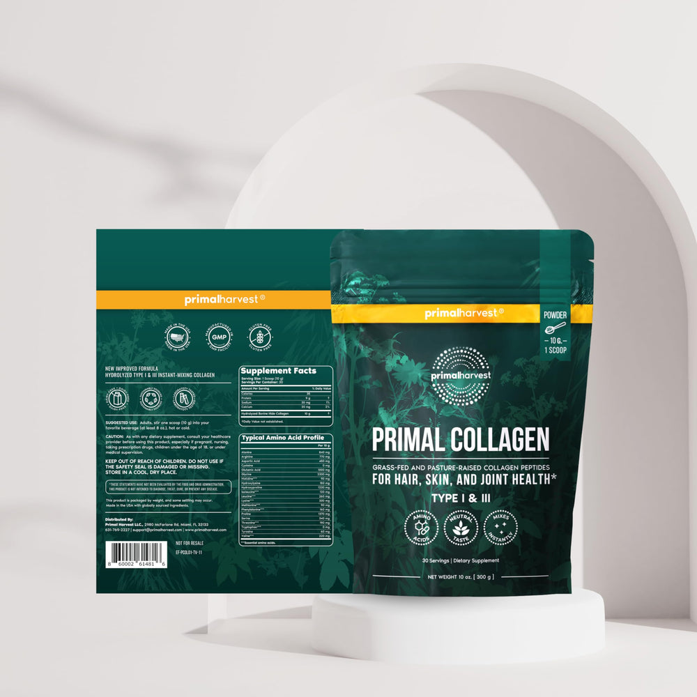 Digestive health concept featuring Primal Harvest Collagen bottle for gut-friendly nourishment