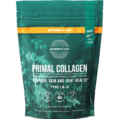 Primal Harvest collagen powder bottle ready for daily use in beverages.