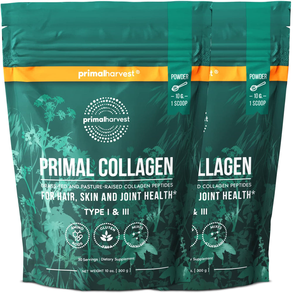 Primal Harvest Collagen Powder canister front view with unflavored formula for daily use