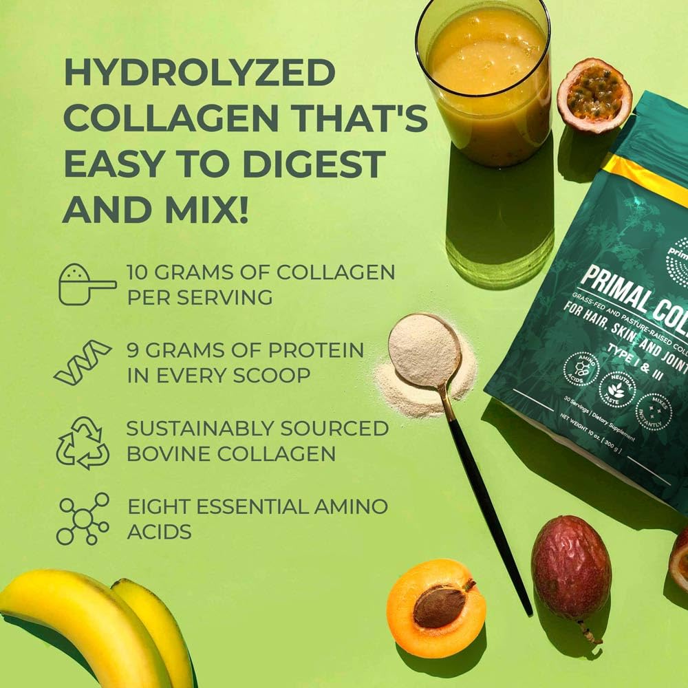 Primal Harvest collagen powder stirred into coffee for a potential daily boost.