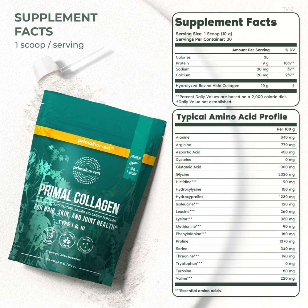 Pouring Primal Harvest collagen powder into a cup demonstrates easy mixability.
