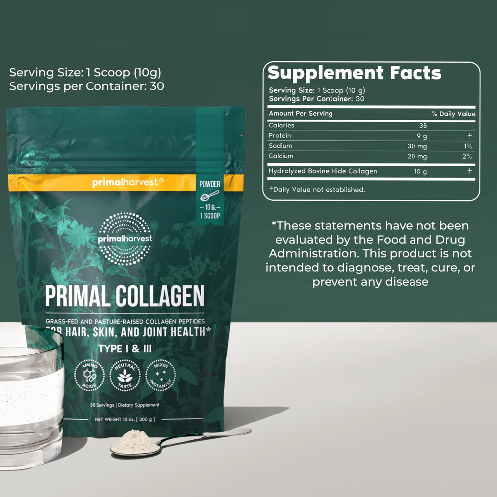 Primal Harvest Collagen Powder scoop with powder beside the canister for easy daily serving