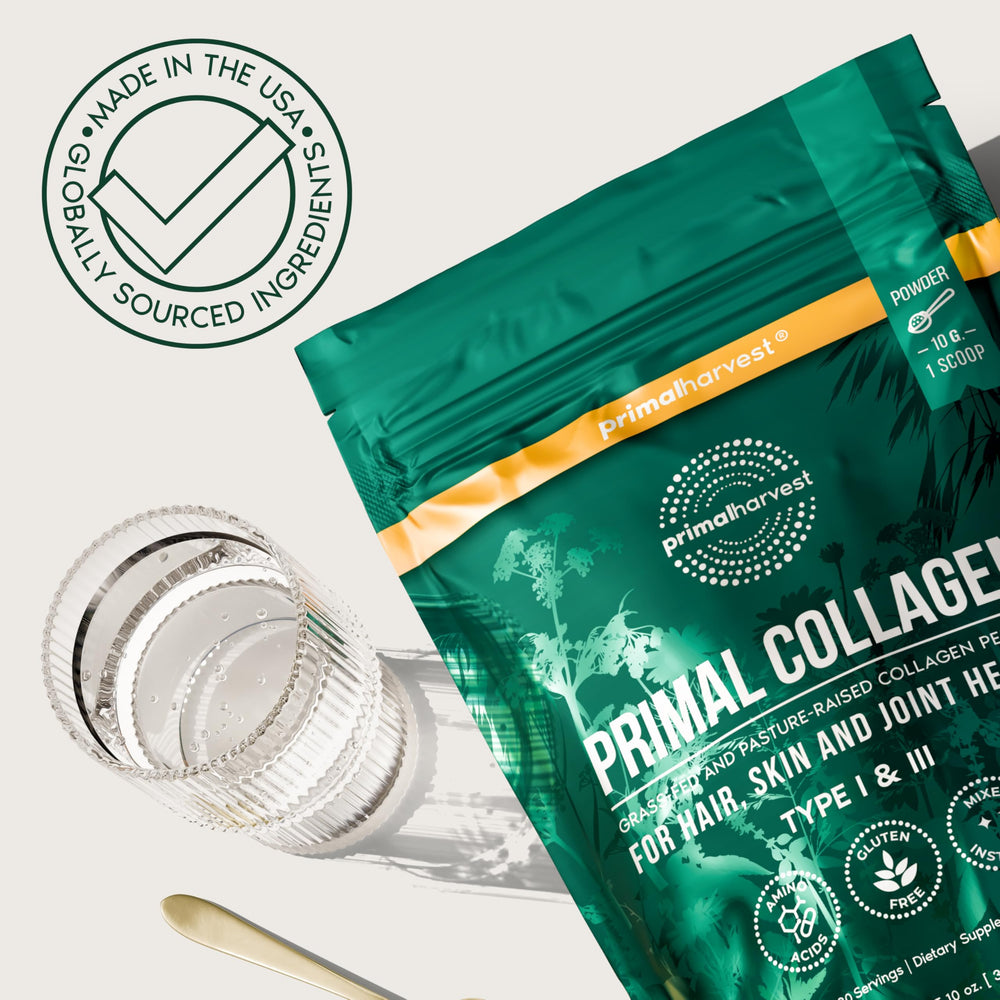 Solugel technology label on Primal Harvest Collagen bottle for fast, residue-free mixing