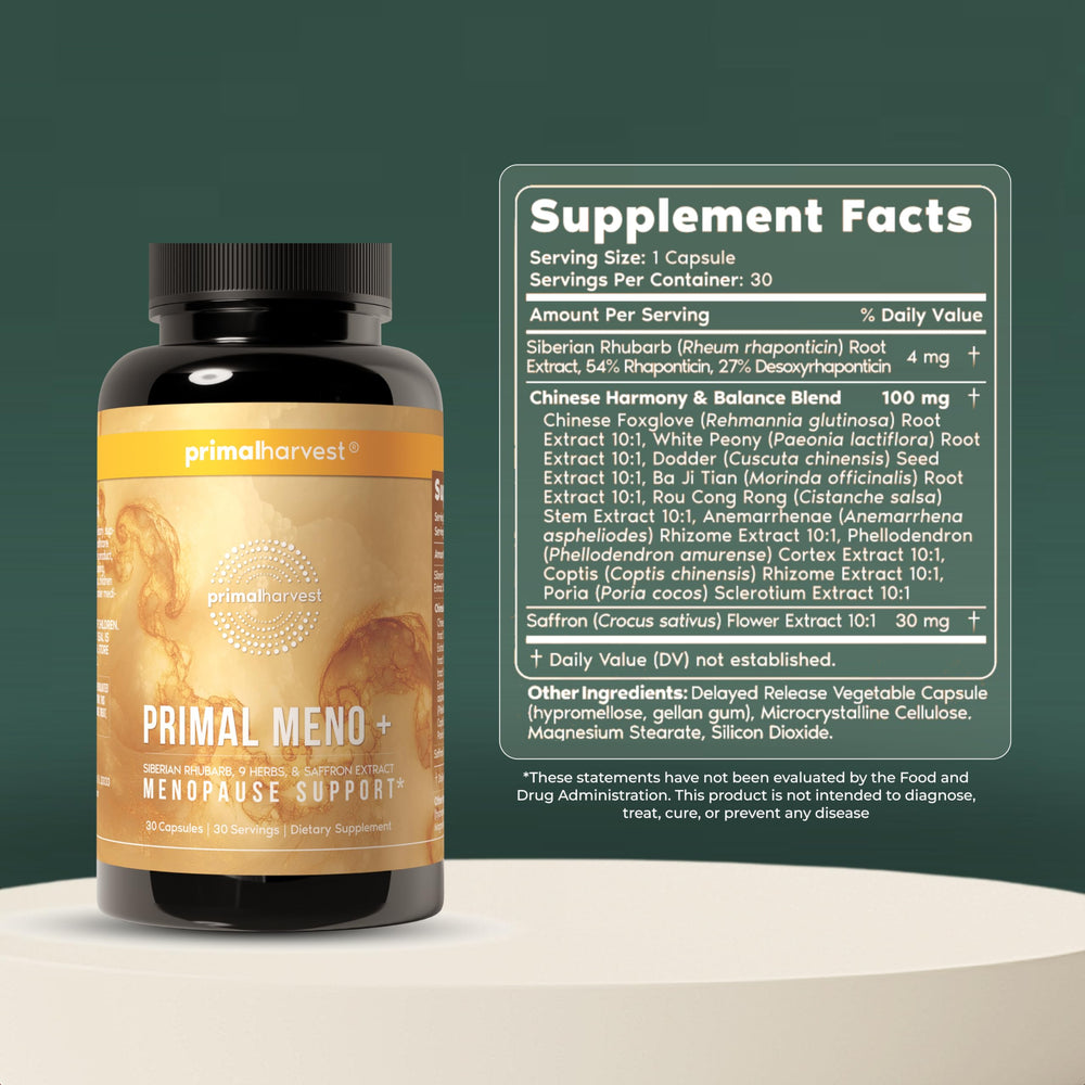 Primal Harvest Meno+ Chinese herbs blend demonstrates traditional balance support.