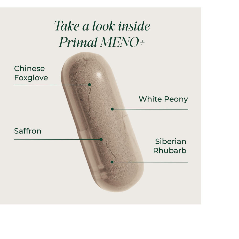 Primal Harvest Meno+ saffron capsules highlight uplifting mood support.