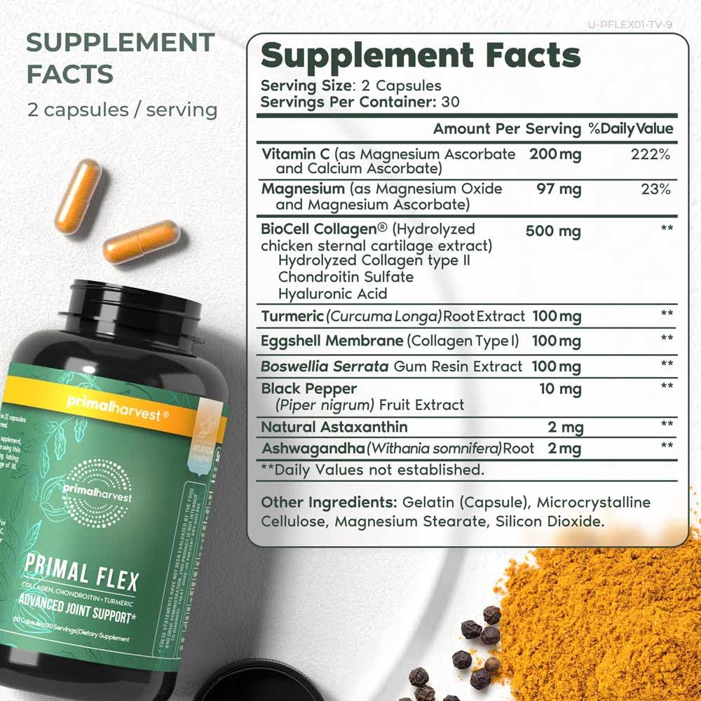 Primal Harvest Primal Flex bottle back with supplement facts for joint comfort
