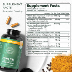 Primal Harvest Primal Flex bottle back with supplement facts for joint comfort