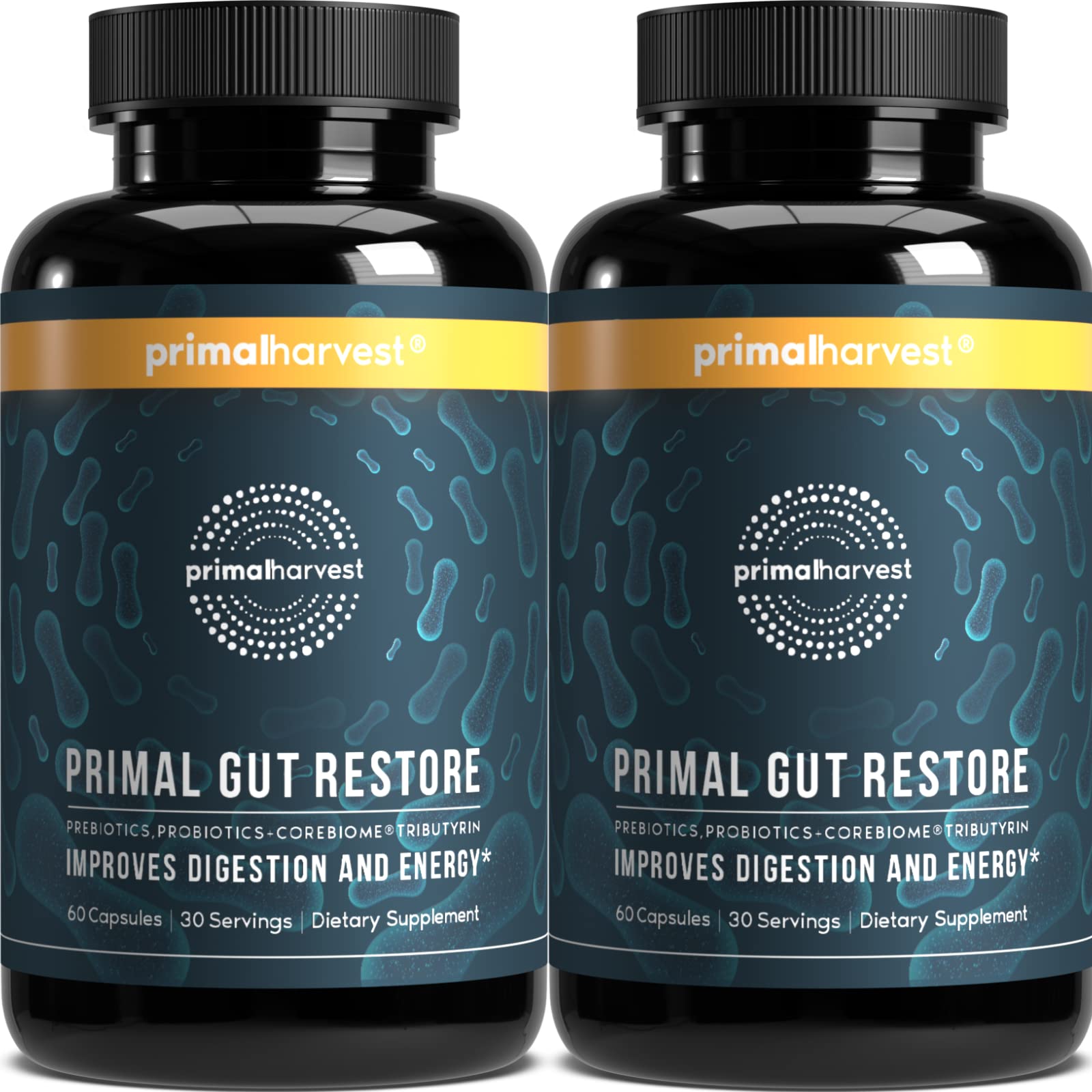 Primal Harvest Primal Gut Restore bottle image highlights a comprehensive gut health supplement for daily use.