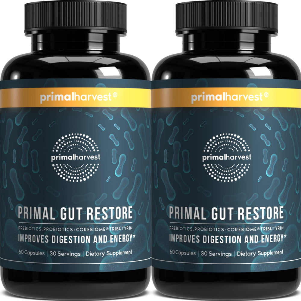 Primal Harvest Primal Gut Restore bottle image highlights a comprehensive gut health supplement for daily use.