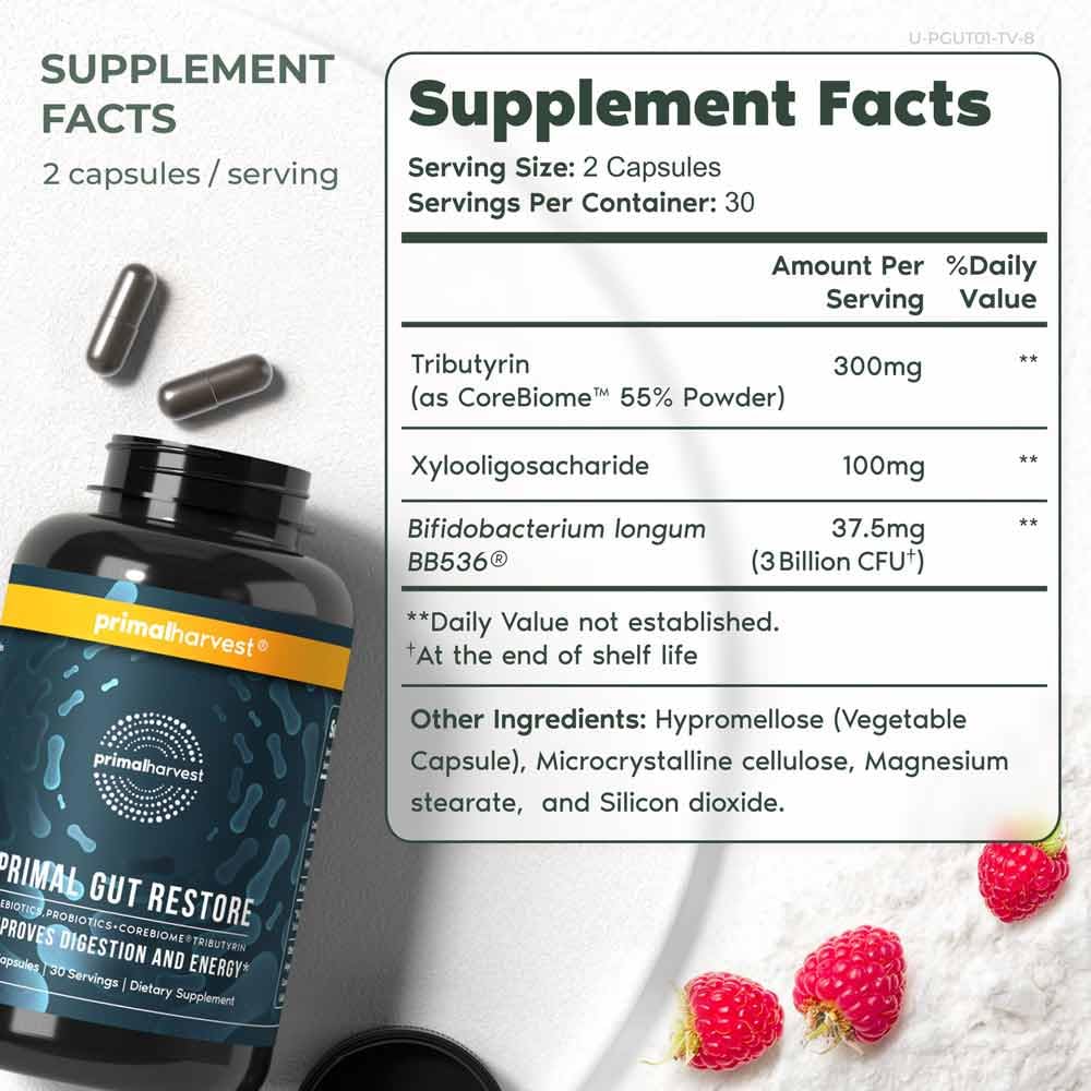 Primal Harvest Primal Gut Restore label communicates quality and third-party testing.