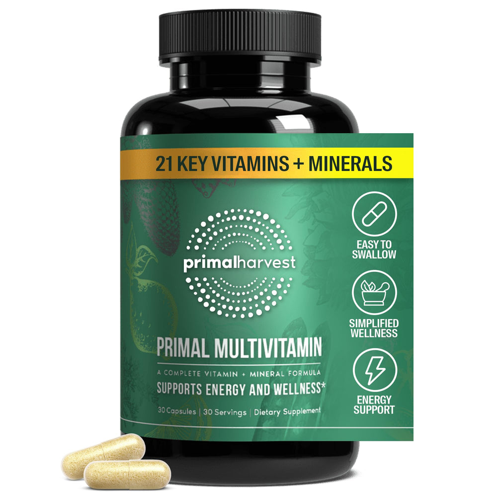 Primal Harvest Primal Multivitamin bottle closeup showing daily energy support