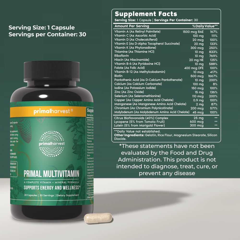 Primal Harvest Primal Multivitamin capsules easy to take for everyday energy.