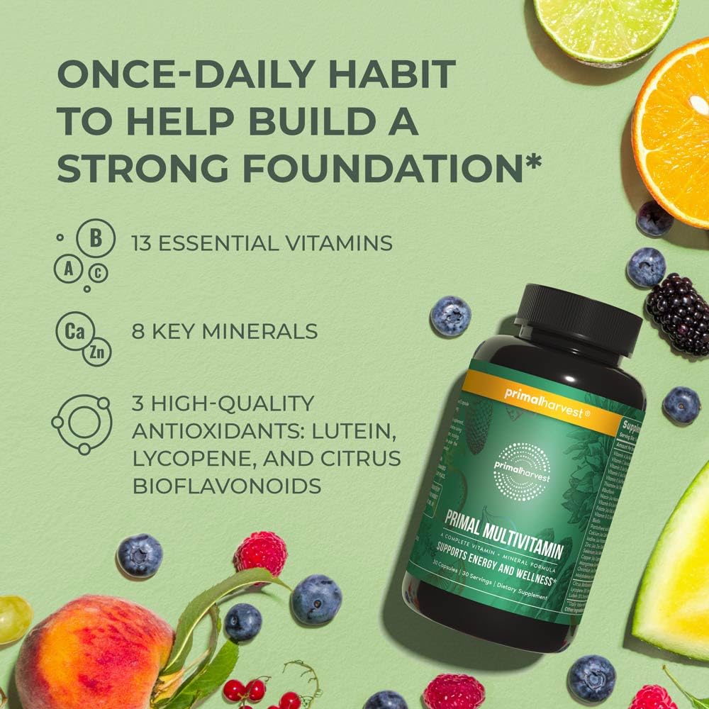 Primal Harvest Primal Multivitamin bottle with glass and pills for wellness