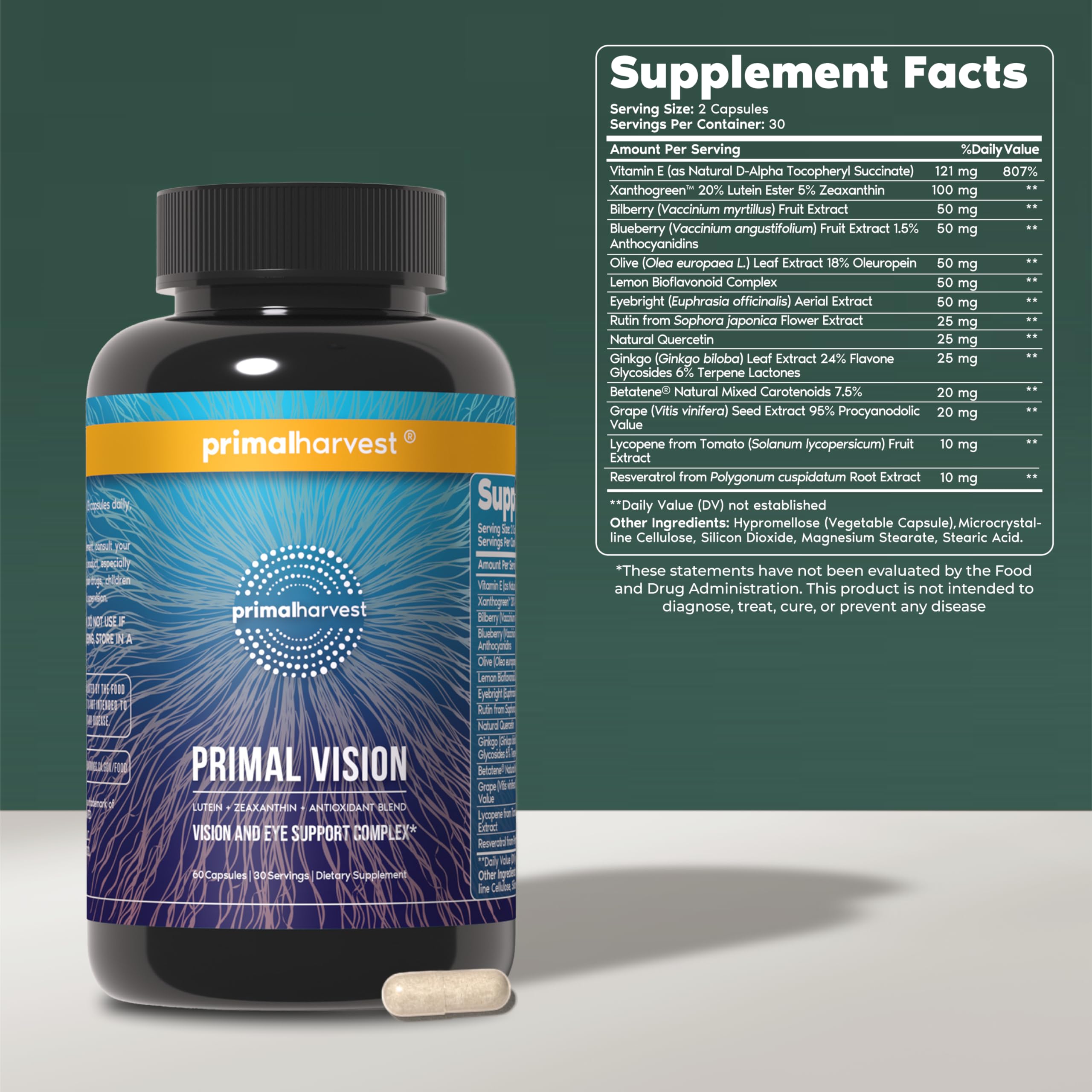 Primal Harvest Primal Vision front view pack highlights daily eye support.
