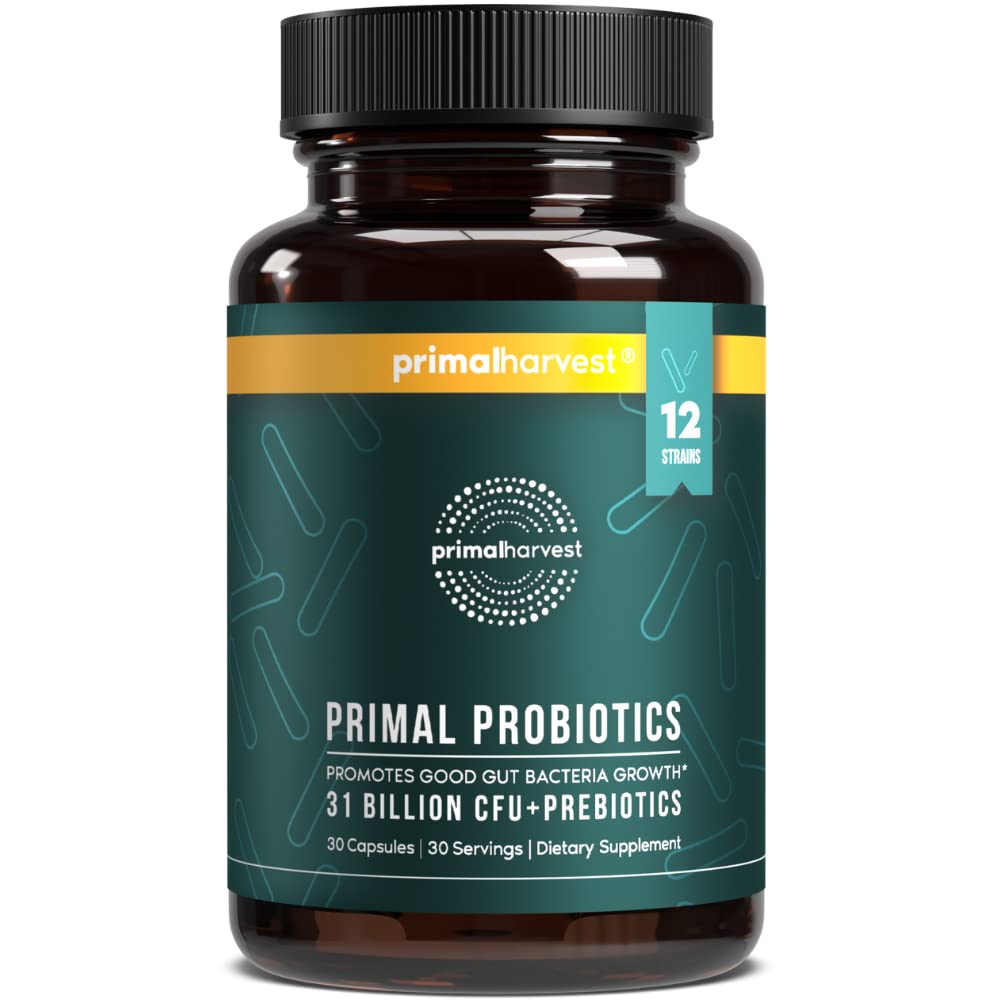 Primal Harvest Probiotics bottle with 30 capsules for daily digestive support.