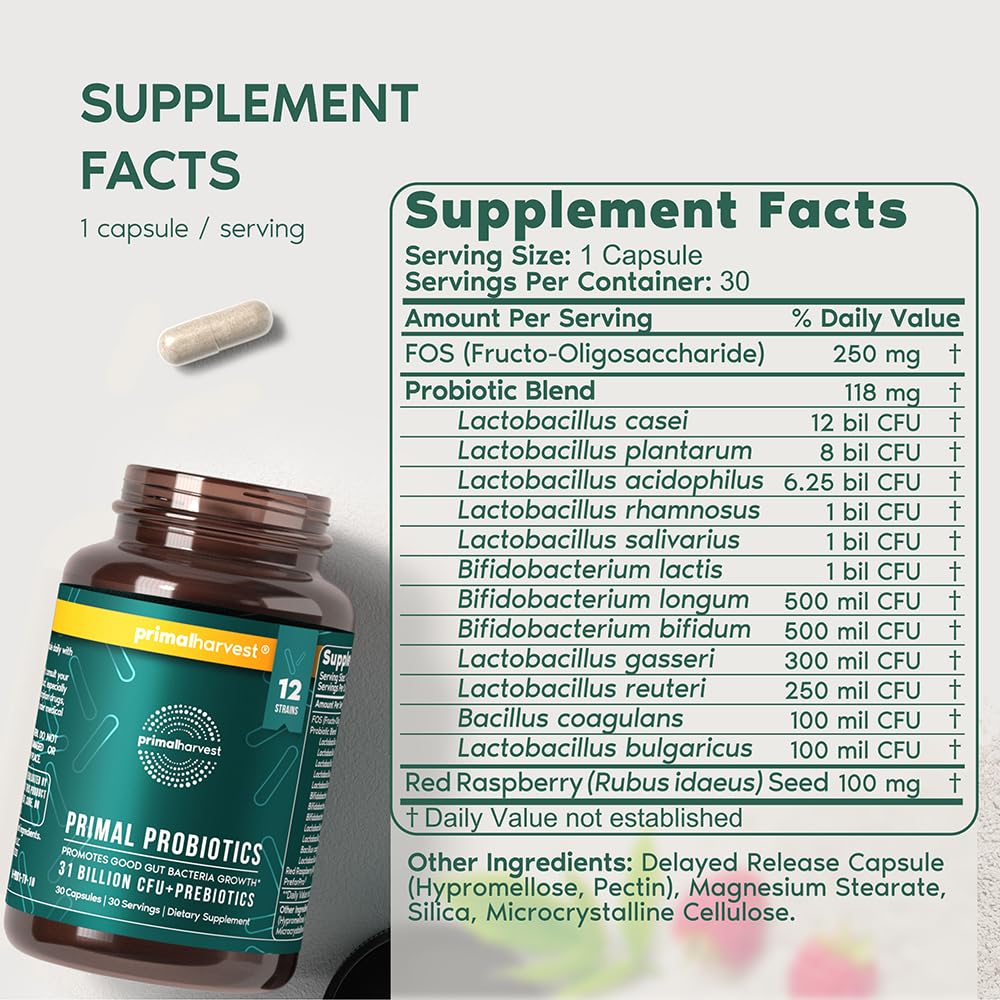 Close-up of capsules showing a broad 12-strain blend for gut balance.