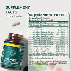 Close-up of capsules showing a broad 12-strain blend for gut balance.