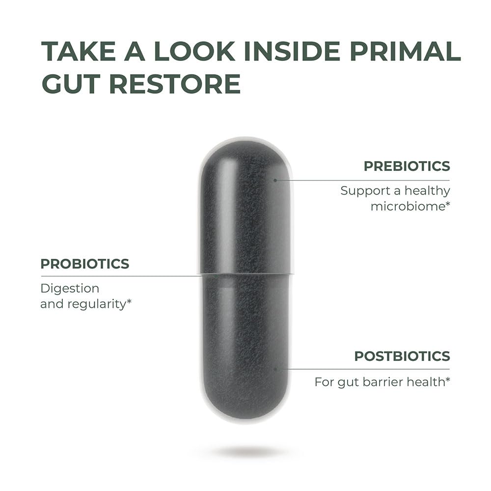 Primal Harvest Restore digestive support capsules for women and men.