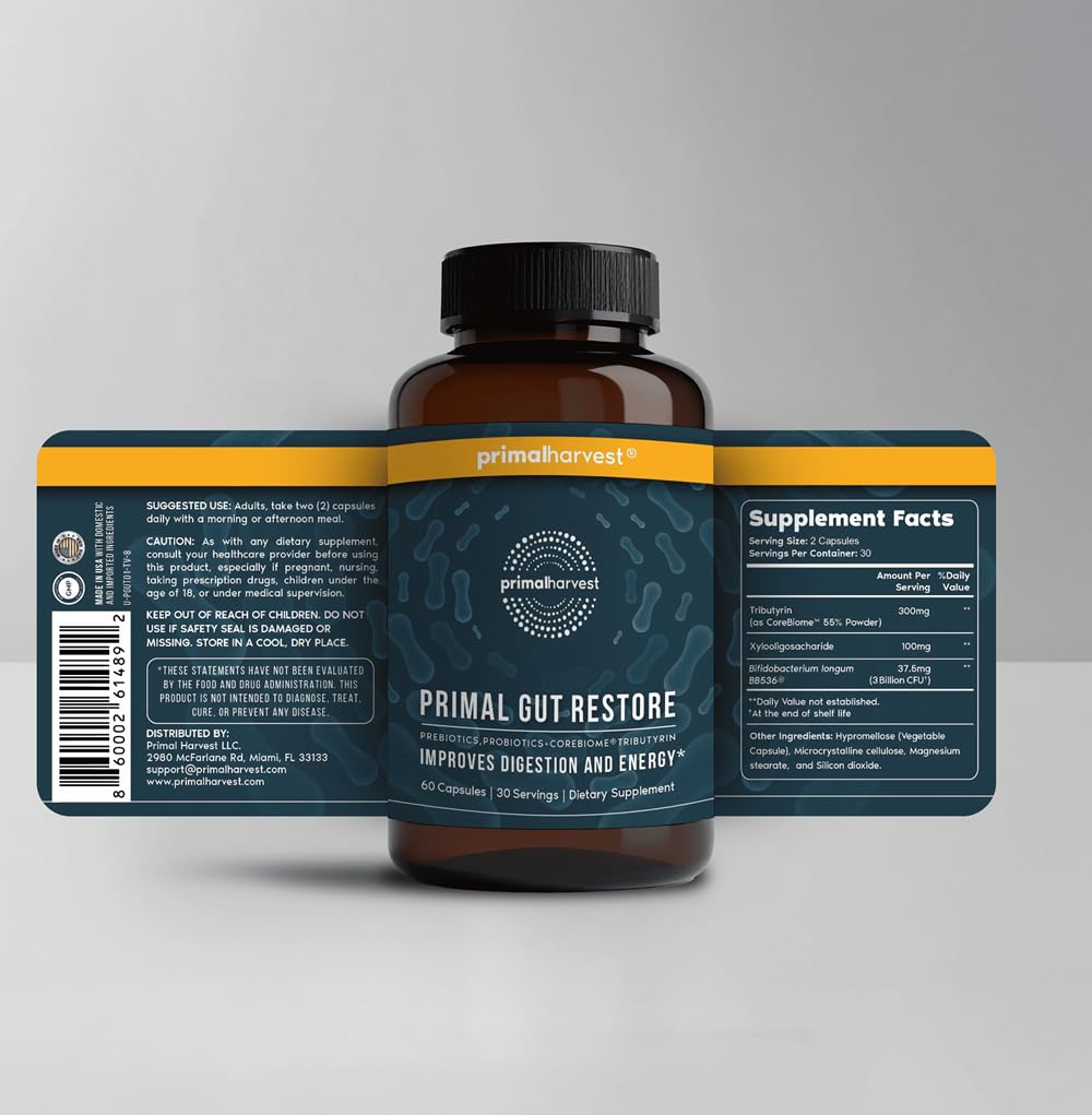 Primal Harvest Restore prebiotics capsules supporting gut-friendly fibers.