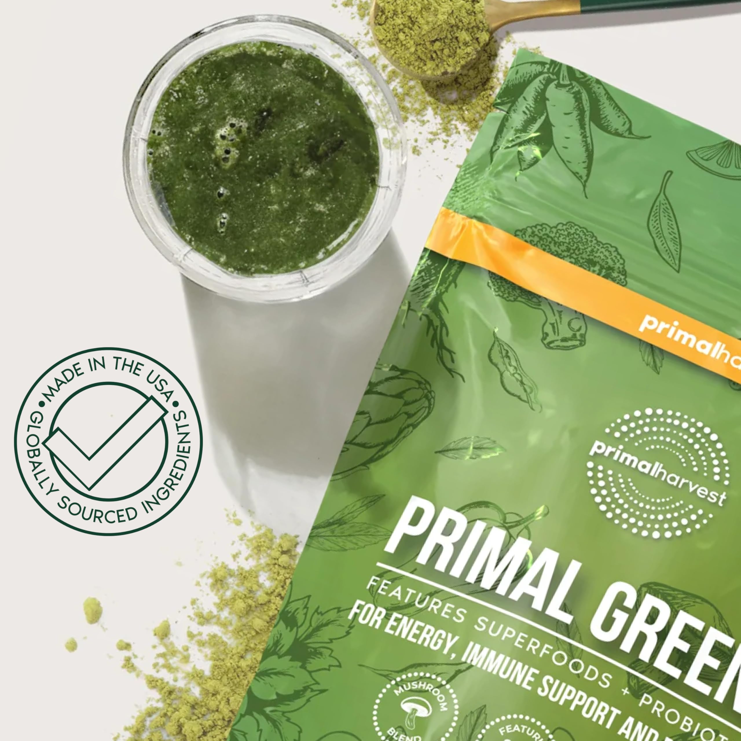 USA-made Primal Harvest Super Greens Powder packaging in retail setting