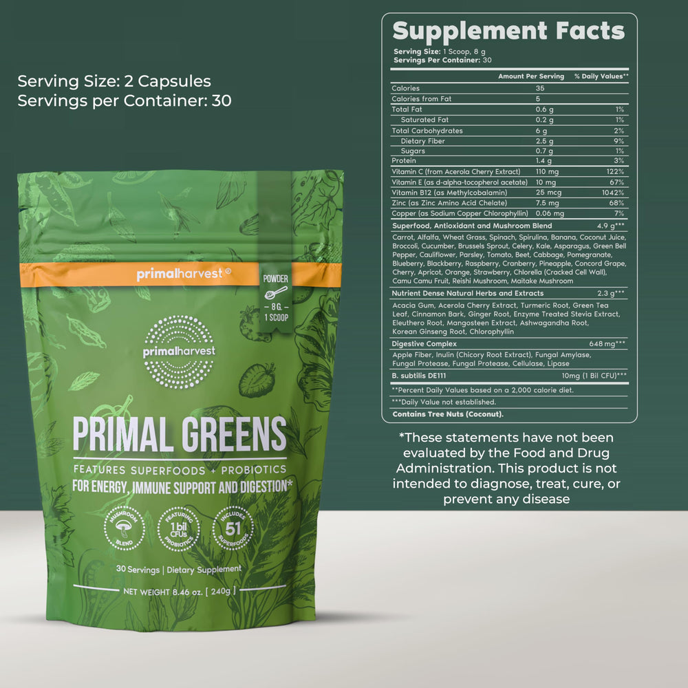 Scoop of Primal Harvest Super Greens Powder ready to blend into drink