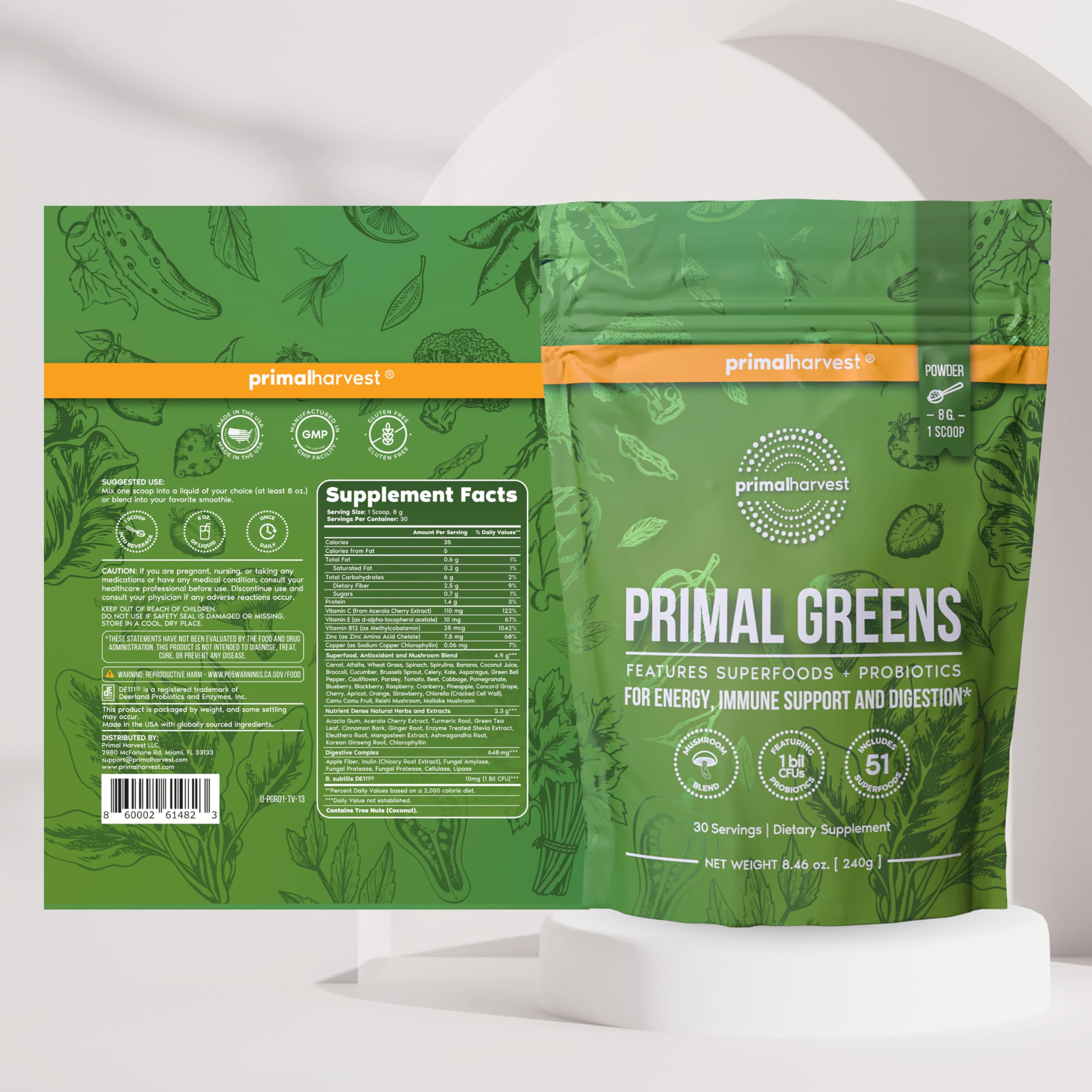 Bright green smoothie featuring Primal Harvest Super Greens Powder
