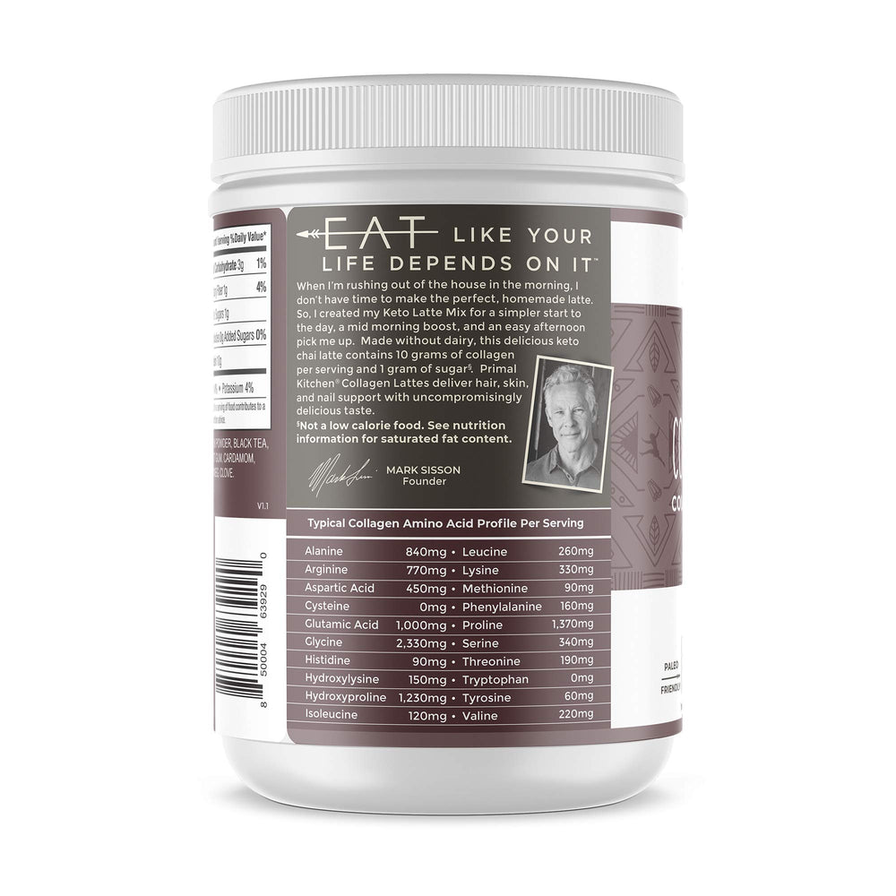 Close-up of ingredients in Primal Kitchen chai tea collagen latte powder