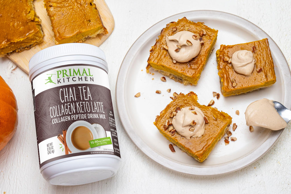 Prepared hot cup of Primal Kitchen chai tea collagen latte