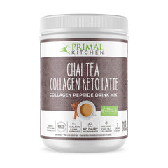Primal Kitchen chai tea collagen latte powder bottle showcasing keto-friendly blend