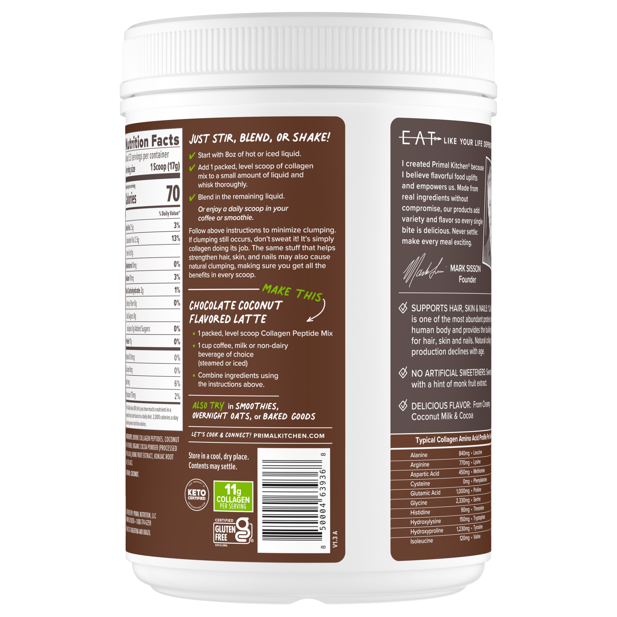 Primal Kitchen chocolate coconut collagen warmed into a hot beverage