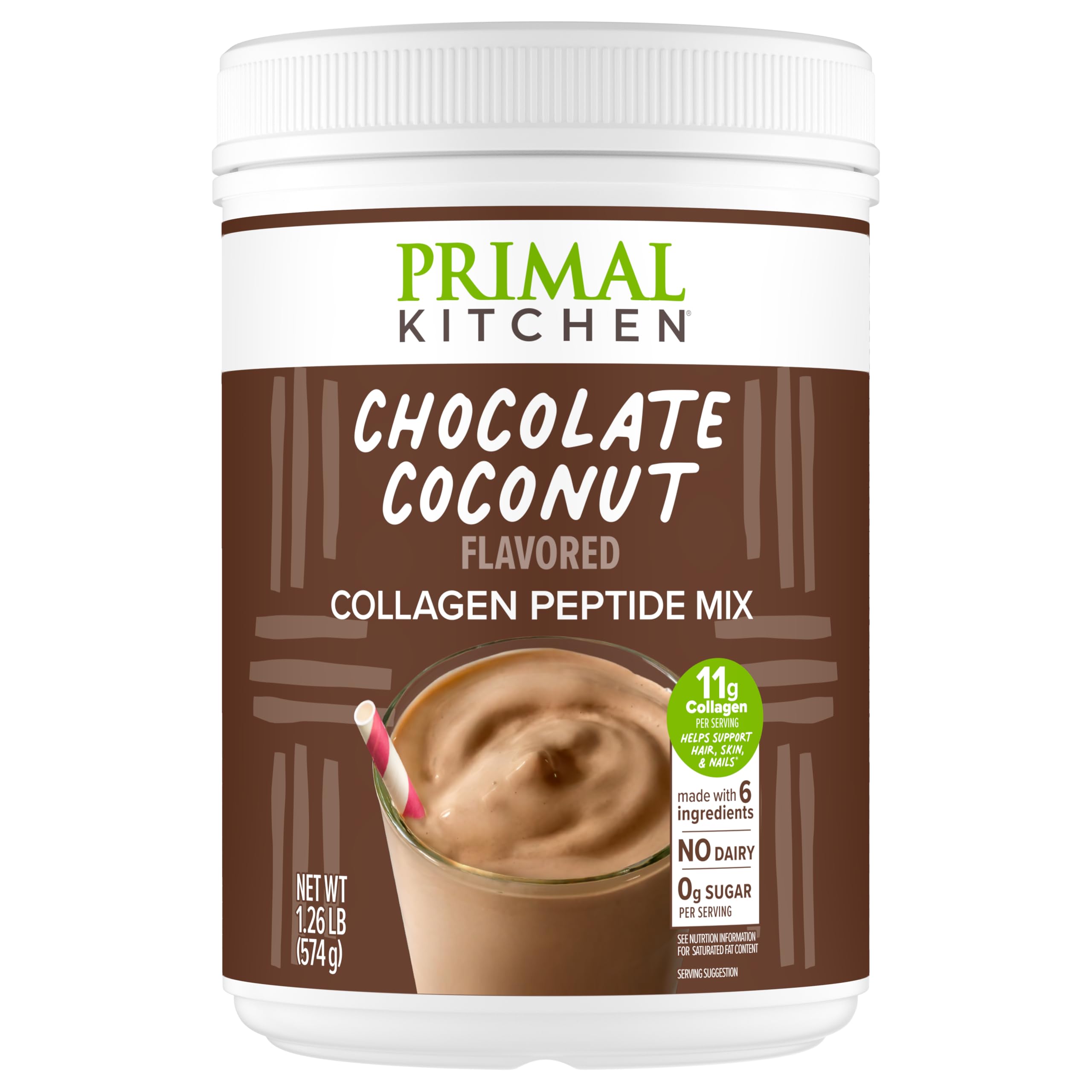 Primal Kitchen Chocolate Coconut Collagen Fuel powder in tub, dairy-free formula highlighted