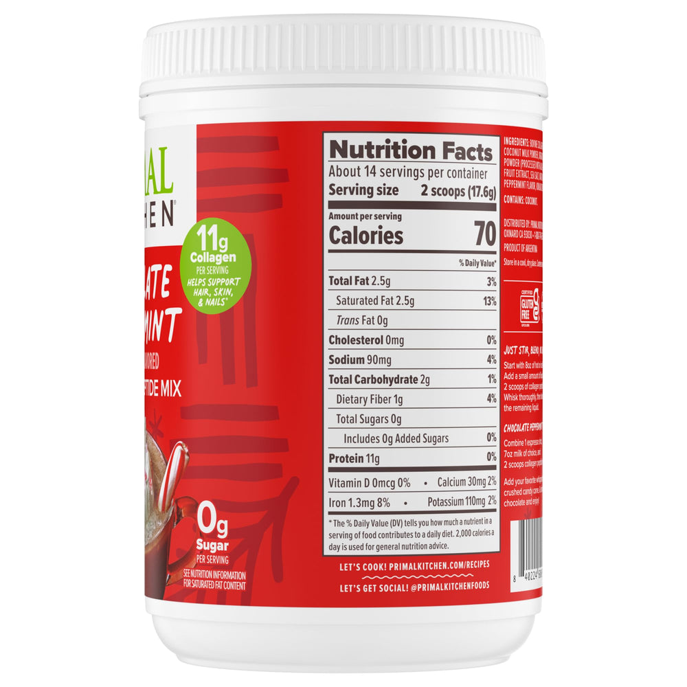 Primal Kitchen collagen powder poured into mug for peppermint hot chocolate.