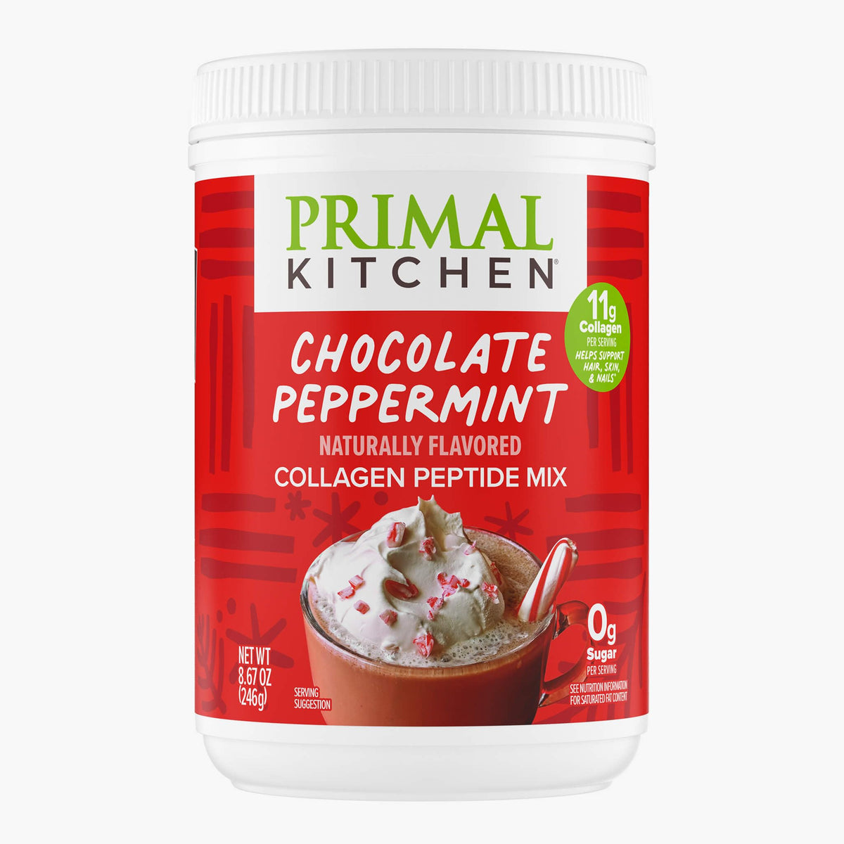 Primal Kitchen Chocolate Peppermint Collagen powder canister for skin, hair, nails.