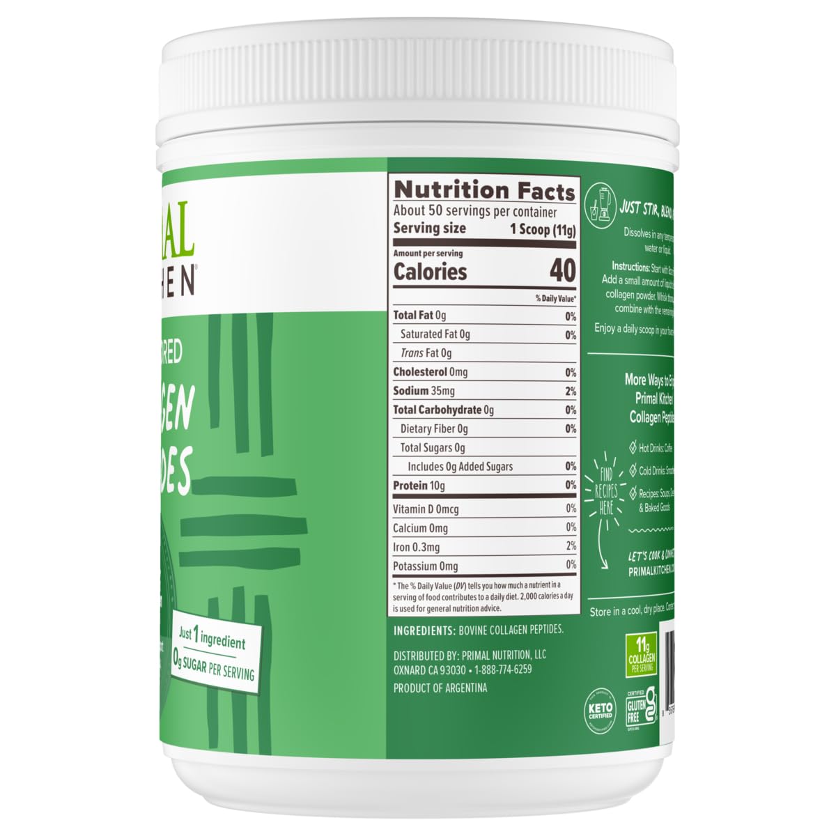 Primal Kitchen Collagen Peptides scoop shown for serving 11g.