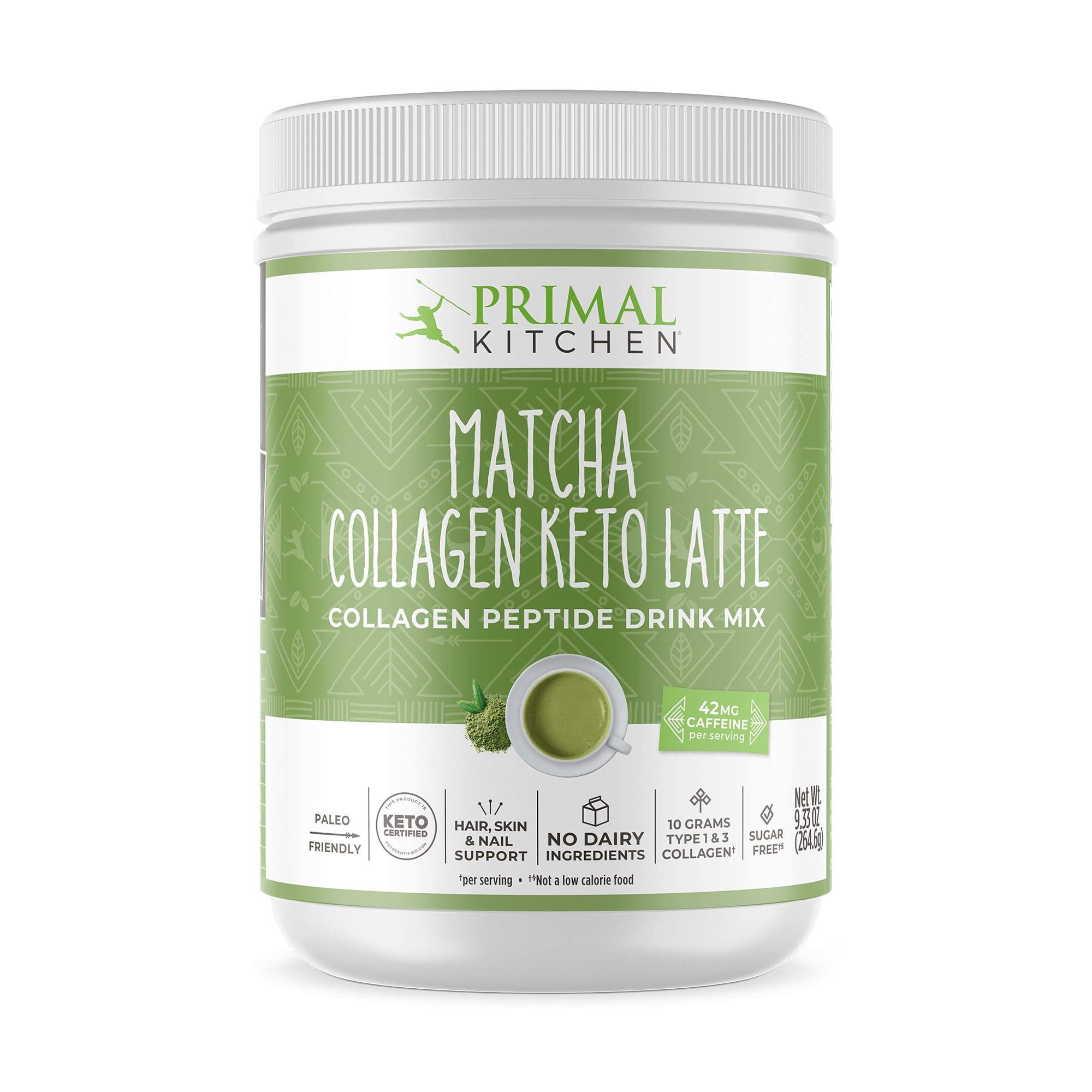 Primal Kitchen Matcha Keto Latte powder in tin showing creamy, keto-friendly potential.
