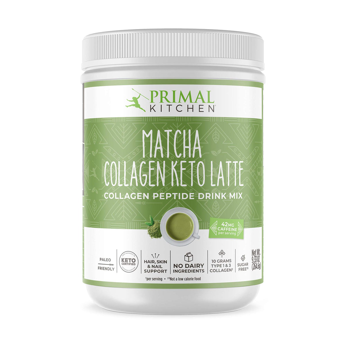 Primal Kitchen Matcha Keto Latte powder in tin showing creamy, keto-friendly potential.